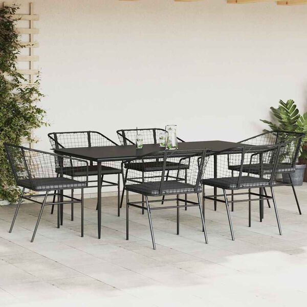 vidaXL 7 Piece Garden Dining Set with Cushions Black Poly Rattan Glass
