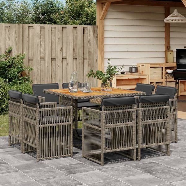 vidaXL 9 Piece Garden Dining Set with Cushions Grey Poly Rattan