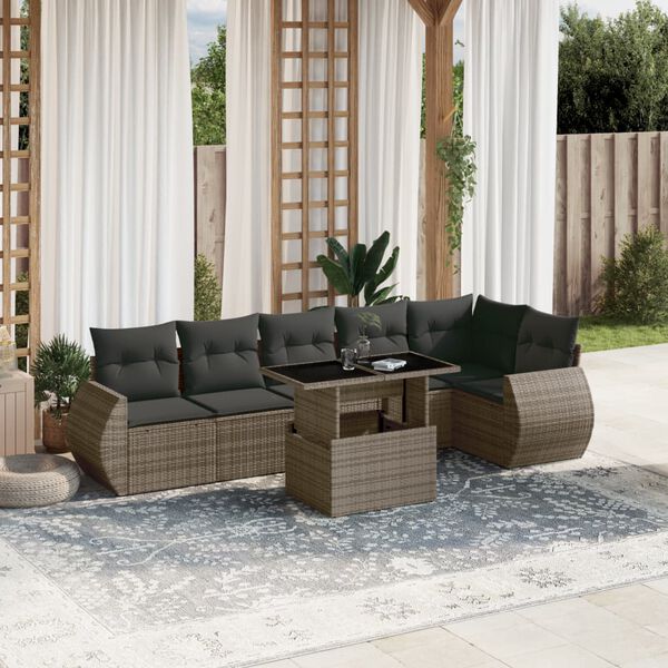 vidaXL 7 Piece Garden Sofa Set with Cushions Grey Poly Rattan