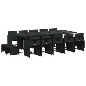 vidaXL 15 Piece Garden Dining Set with Cushions Black Poly Rattan