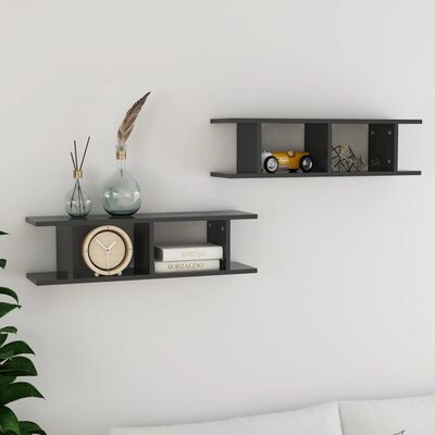 vidaXL Wall Shelves 2 pcs Grey 75x18x20 cm Engineered Wood