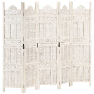 vidaXL Hand carved 5-Panel Room Divider White 200x165 cm