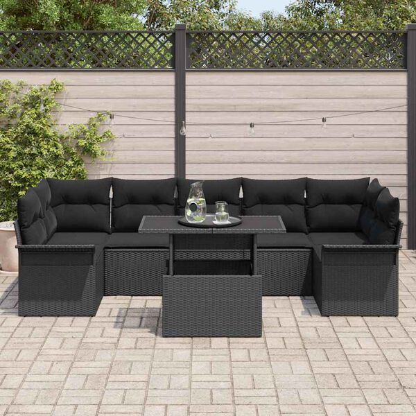 vidaXL Garden Sofa Set with Cushion 8 pcs Black Poly Rattan
