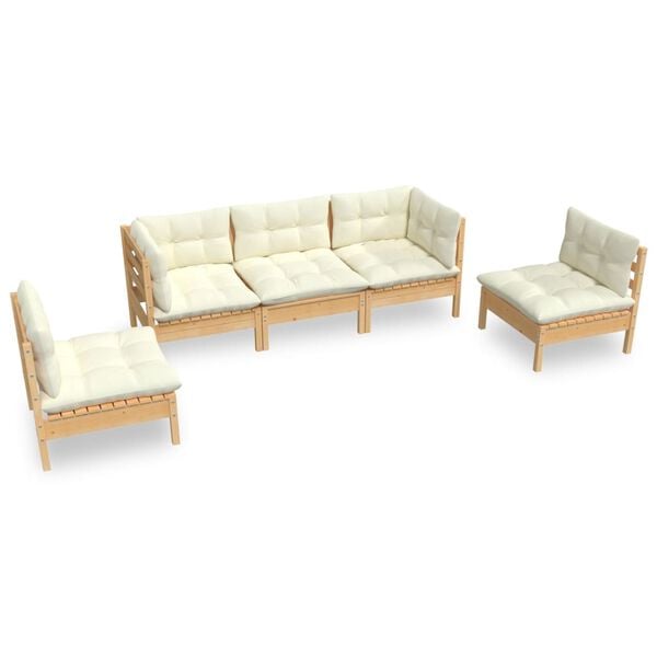vidaXL 5 Piece Garden Lounge Set with Cream Cushions Solid Pinewood