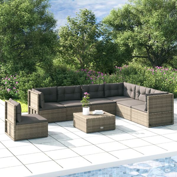 vidaXL 7 Piece Garden Lounge Set with Cushions Grey Poly Rattan