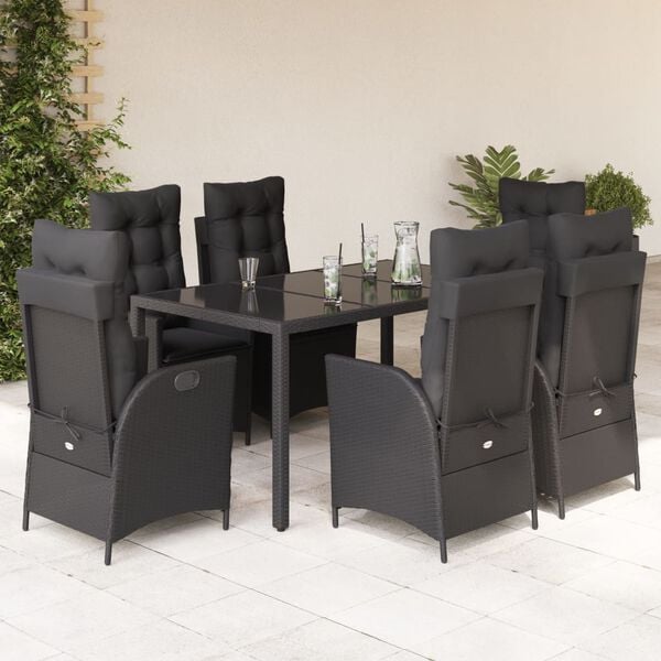 vidaXL 7 Piece Garden Dining Set with Cushions Black Poly Rattan