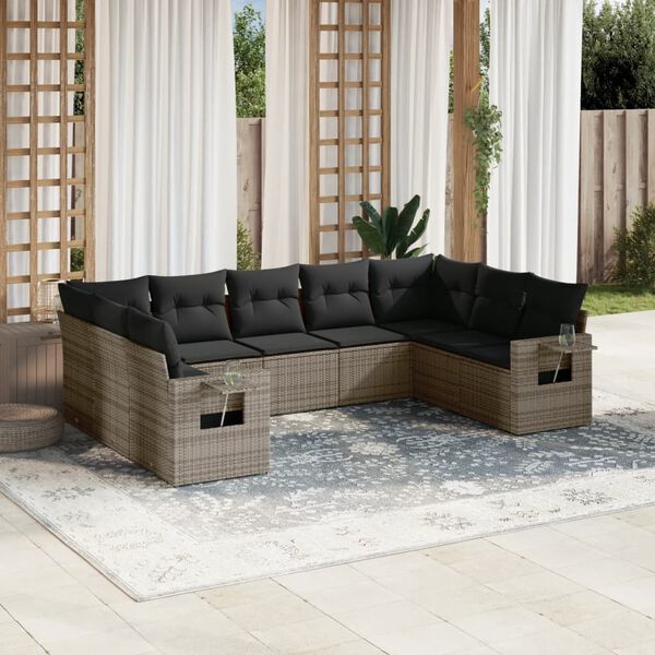 vidaXL 9 Piece Garden Sofa Set with Cushions Grey Poly Rattan
