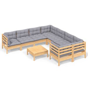 vidaXL 9 Piece Garden Lounge Set with Grey Cushions Pinewood