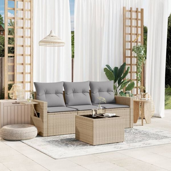 vidaXL 4 Piece Garden Sofa Set with Cushions Beige Poly Rattan
