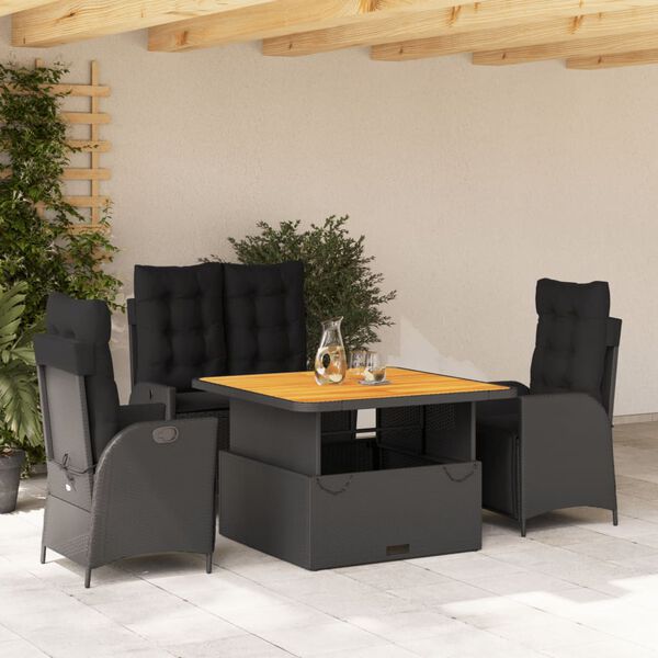 vidaXL 5 Piece Garden Dining Set with Cushions Black Poly Rattan