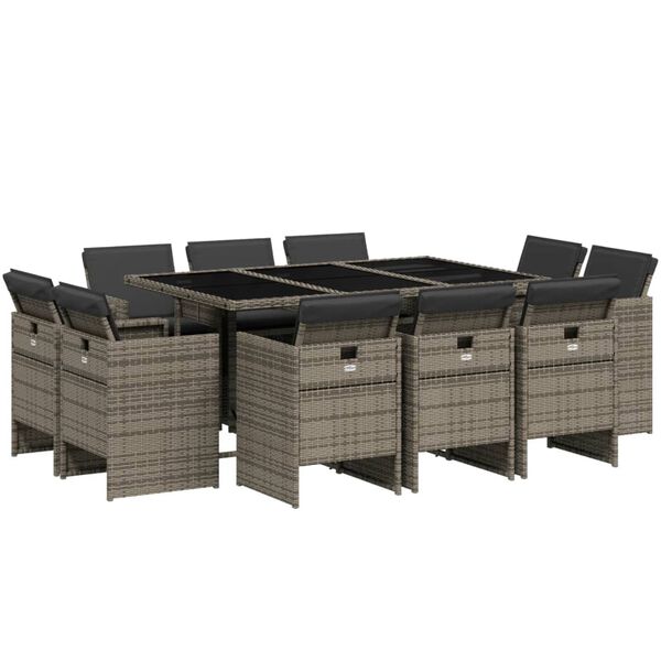 vidaXL 11 Piece Garden Dining Set with Cushions Grey Poly Rattan