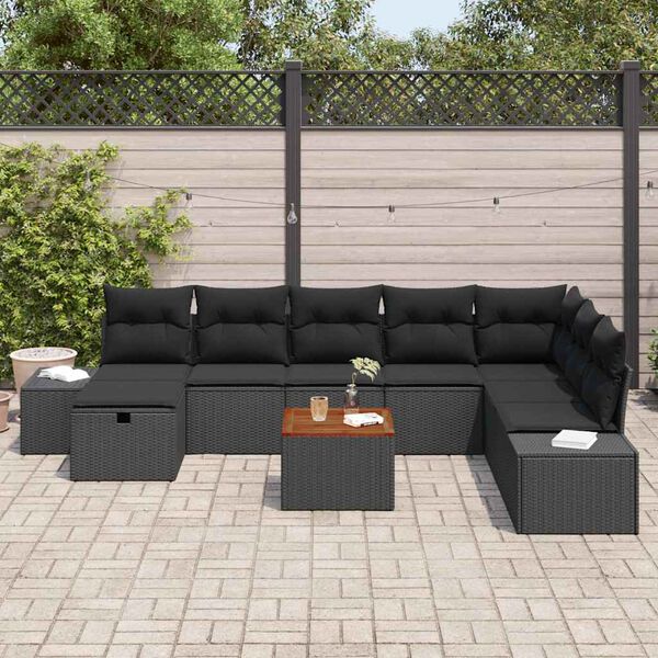 vidaXL Garden Sofa Set with Cushion 9 pcs Black Poly rattan