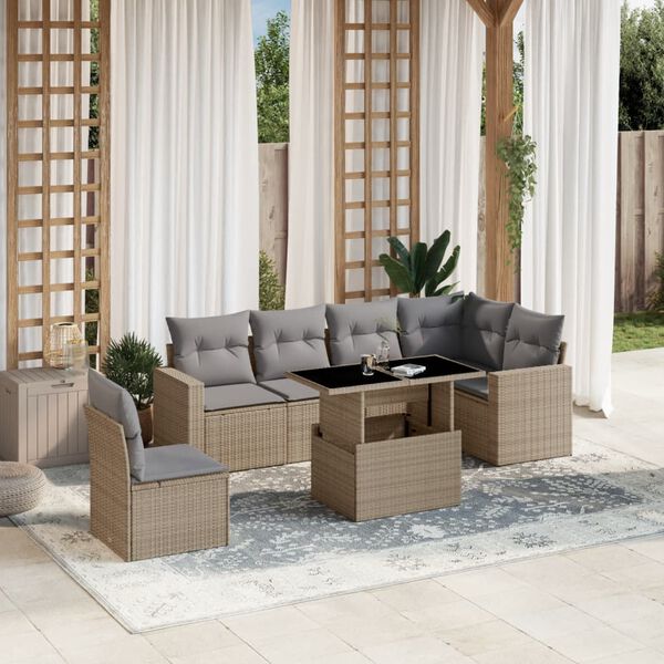 vidaXL 7 Piece Garden Sofa Set with Cushions Beige Poly Rattan