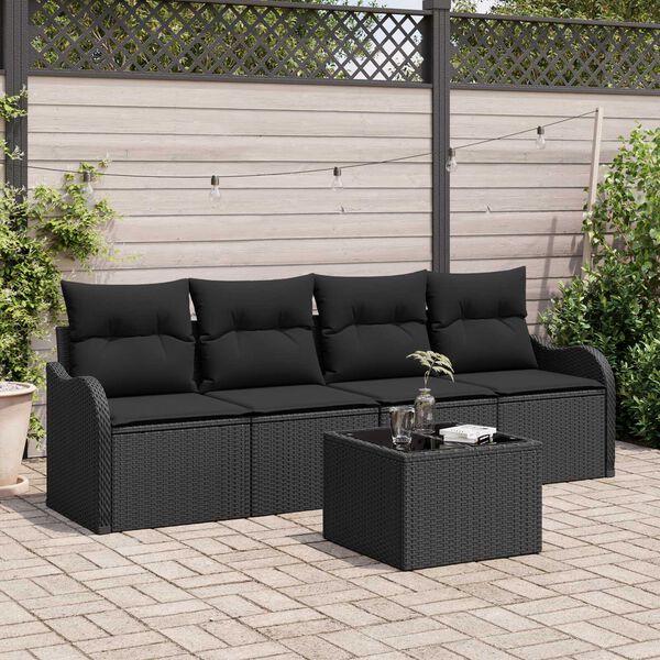 vidaXL Garden Sofa Set with Storage 5 pcs Black Poly Rattan