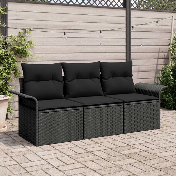 vidaXL Sofa Set with Cushion 3 pcs Black Poly Rattan