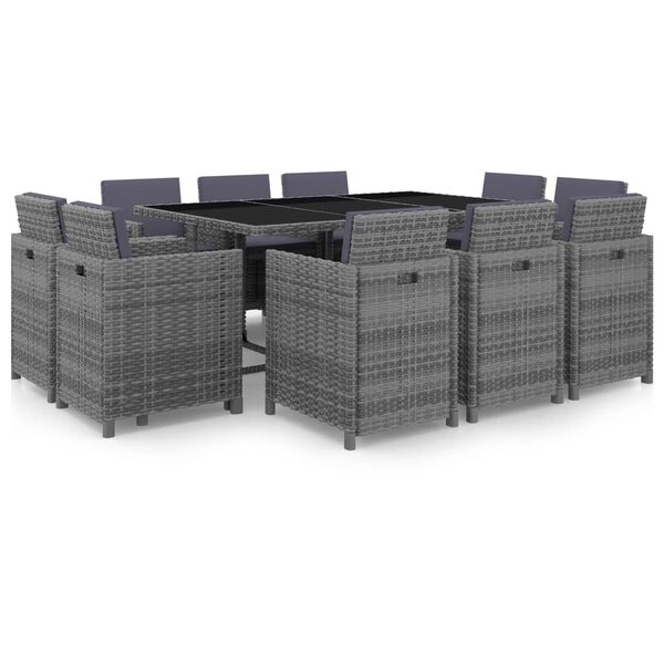 vidaXL 11 Piece Outdoor Dining Set with Cushions Poly Rattan Grey