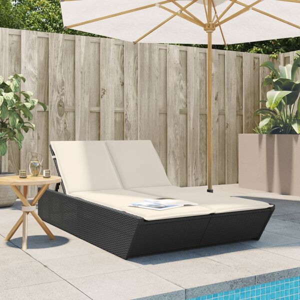 vidaXL Double Sun Lounger with Cushions Black Poly Rattan