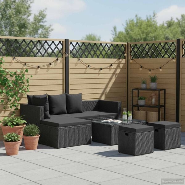 vidaXL 4 Piece Garden Lounge Set Black with Cushions Poly Rattan
