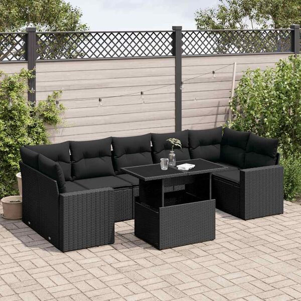 vidaXL 8 Piece Garden Sofa Set with Cushions Black Poly Rattan