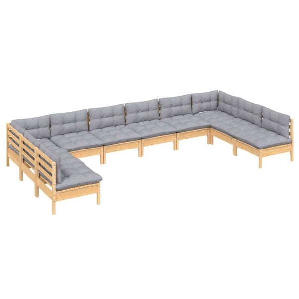vidaXL 10 Piece Garden Lounge Set with Grey Cushions Solid Pinewood
