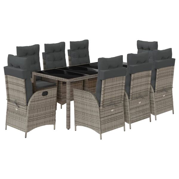 vidaXL 9 Piece Garden Dining Set with Cushions Grey Poly Rattan