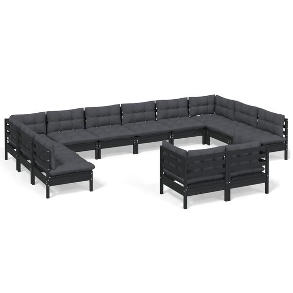 vidaXL 12 Piece Garden Lounge Set with Cushions Black Solid Pinewood