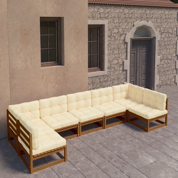 vidaXL 7 Piece Garden Lounge Set&Cushions Honey Brown Solid Pinewood