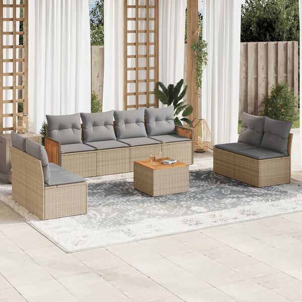 vidaXL 9 Piece Garden Sofa Set with Cushions Beige Poly Rattan