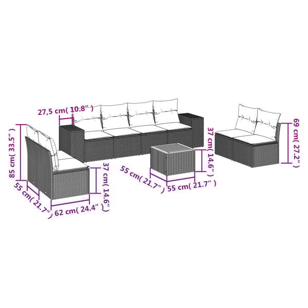 vidaXL 9 Piece Garden Sofa Set with Cushions Black Poly Rattan