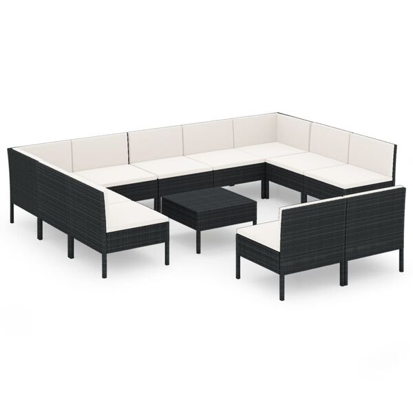 vidaXL 12 Piece Garden Lounge Set with Cushions Poly Rattan Black