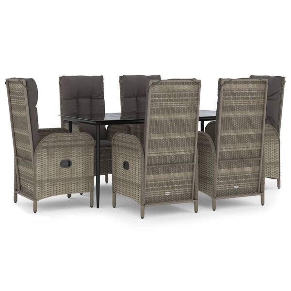vidaXL 7 Piece Garden Dining Set with Cushions Black and Grey Poly Rattan