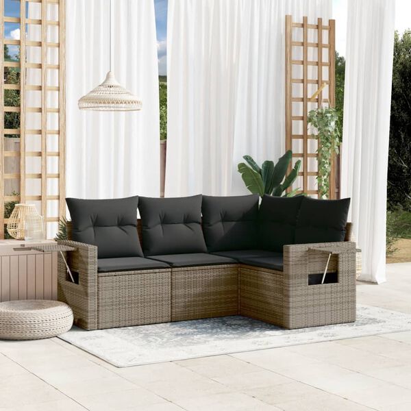 vidaXL 4 Piece Garden Sofa Set with Cushions Grey Poly Rattan