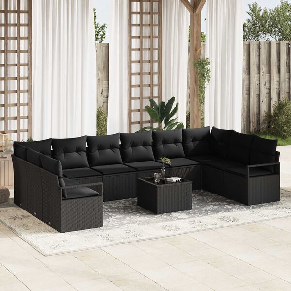 vidaXL Sofa Set with Cushion with Storage 11 pcs Black Poly Rattan