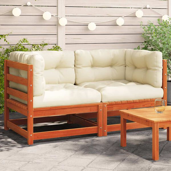 vidaXL Garden Sofas Corner with Cushions 2 pcs Wax Brown Solid Wood Pine