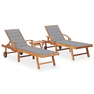 vidaXL Sun Loungers 2 pcs with Table and Cushion Solid Teak Wood