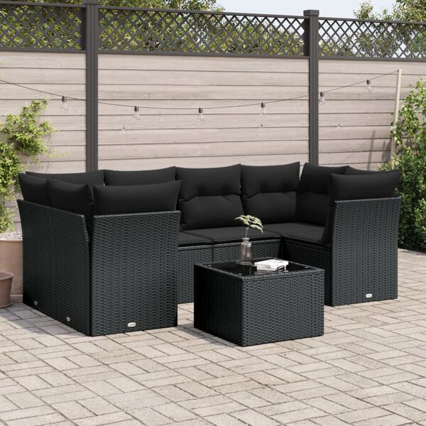 vidaXL 7 Piece Garden Sofa Set with Cushions Black Poly Rattan