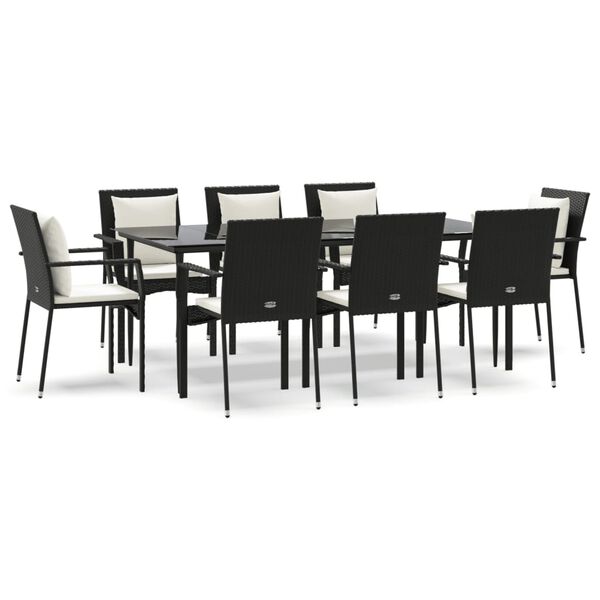 vidaXL 9 Piece Garden Dining Set with Cushions Black Poly Rattan