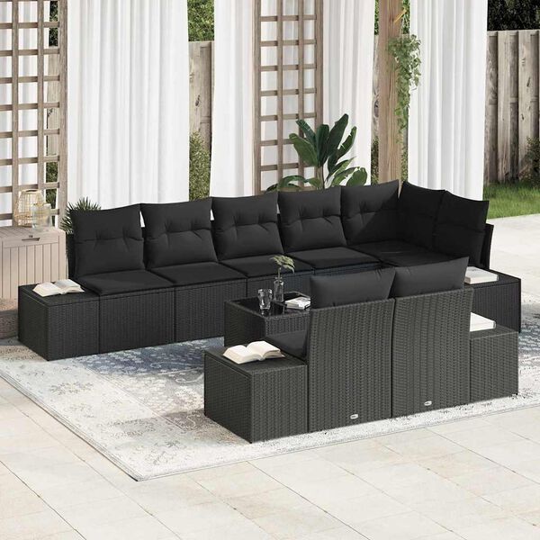 vidaXL Garden Sofa Set with Storage Black Poly rattan