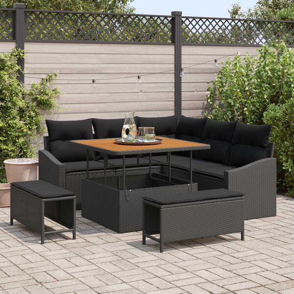 vidaXL Garden Sofa Set with Cushion 8 pcs Black Poly rattan