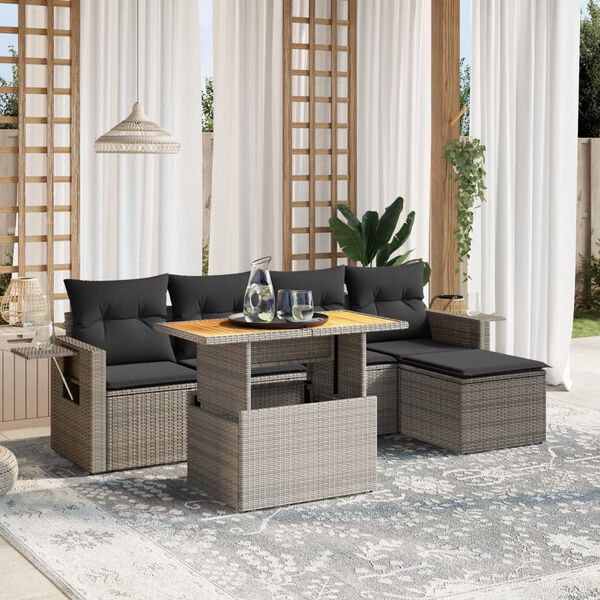 vidaXL 6 Piece Garden Sofa Set with Cushions Grey Poly Rattan