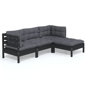 vidaXL 4 Piece Garden Lounge Set with Cushions Black Pinewood