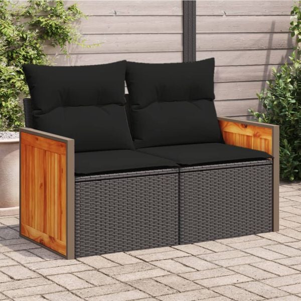 vidaXL Garden Sofa with Cushions 2-Seater Black Poly Rattan