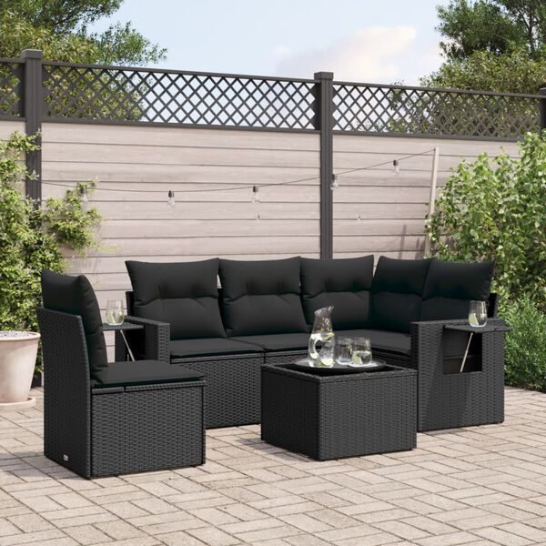 vidaXL 6 Piece Garden Sofa Set with Cushions Black Poly Rattan