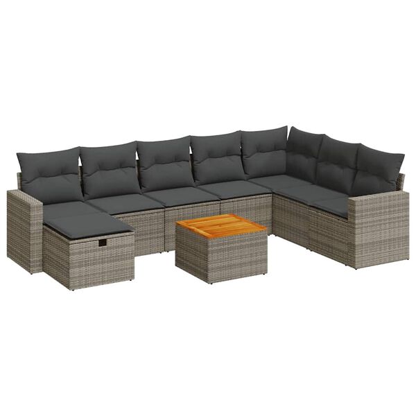 vidaXL 9 Piece Garden Sofa Set with Cushions Grey Poly Rattan