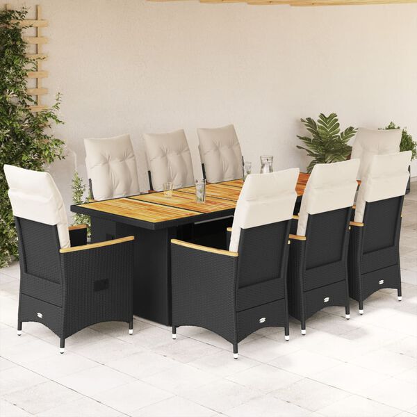 vidaXL 9 Piece Garden Bistro Set with Cushions Black Poly Rattan