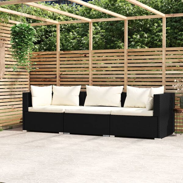 vidaXL 3-Seater Sofa with Cushions Black Poly Rattan
