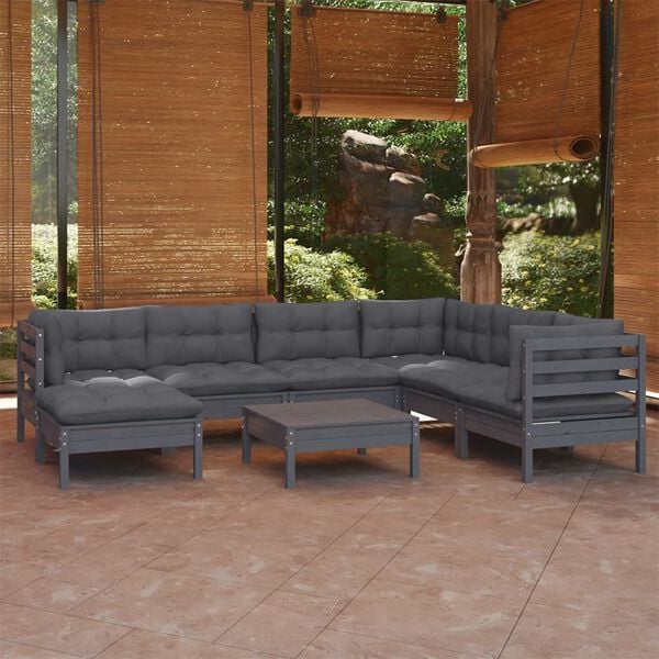 vidaXL 8 Piece Garden Lounge Set with Cushions Grey Solid Pinewood