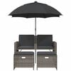 vidaXL Garden Sofa 2-Seater with Parasol and Stools Grey Poly Rattan