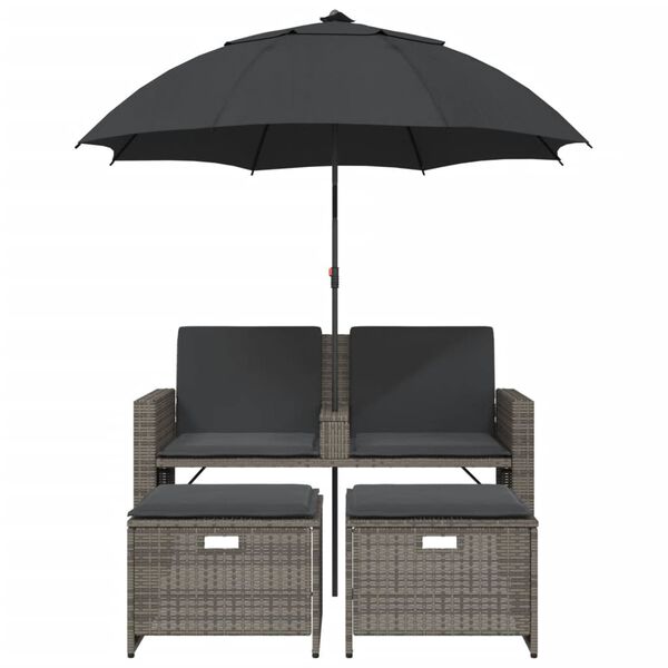 vidaXL Garden Sofa 2-Seater with Parasol and Stools Grey Poly Rattan