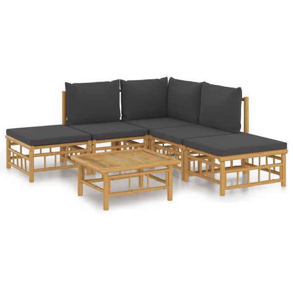 vidaXL 6 Piece Garden Lounge Set with Dark Grey Cushions Bamboo
